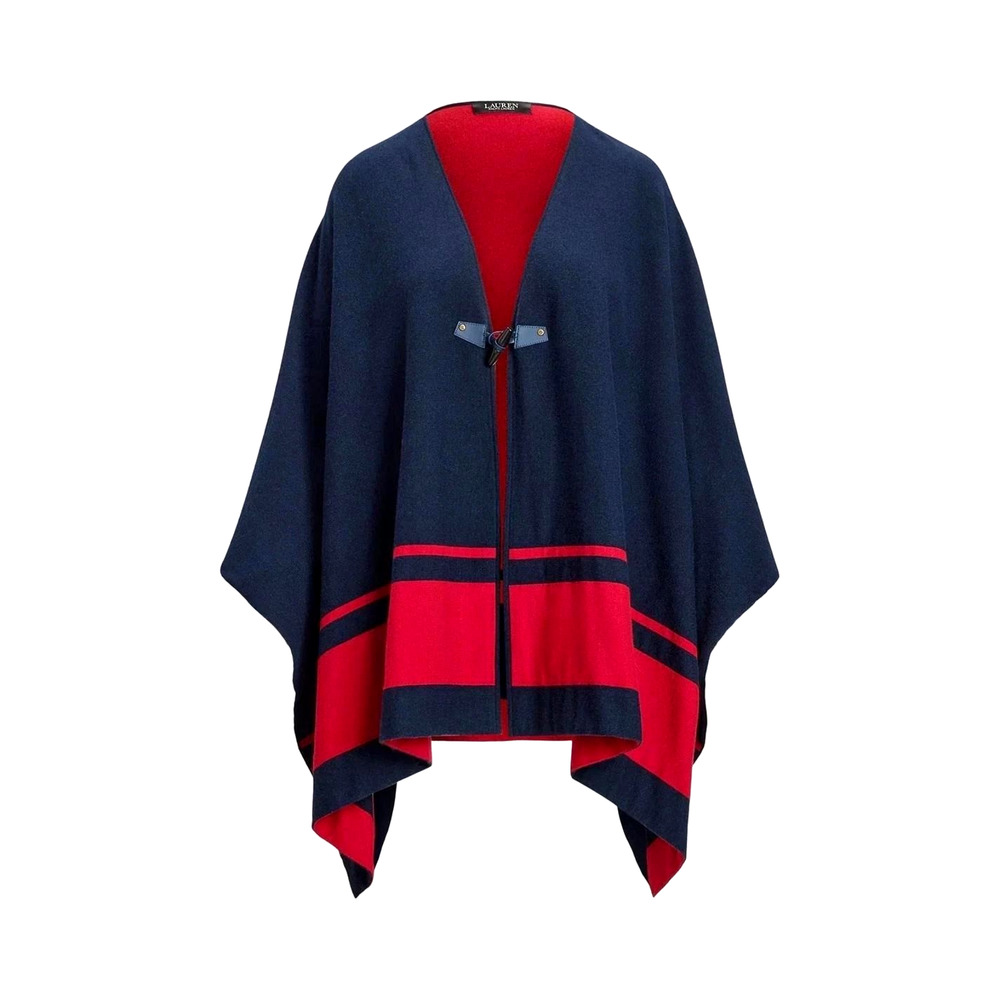 NEW Lauren Ralph Lauren Intarsia Navy & Red Wool/Cashmere Blend Poncho L/XL $295